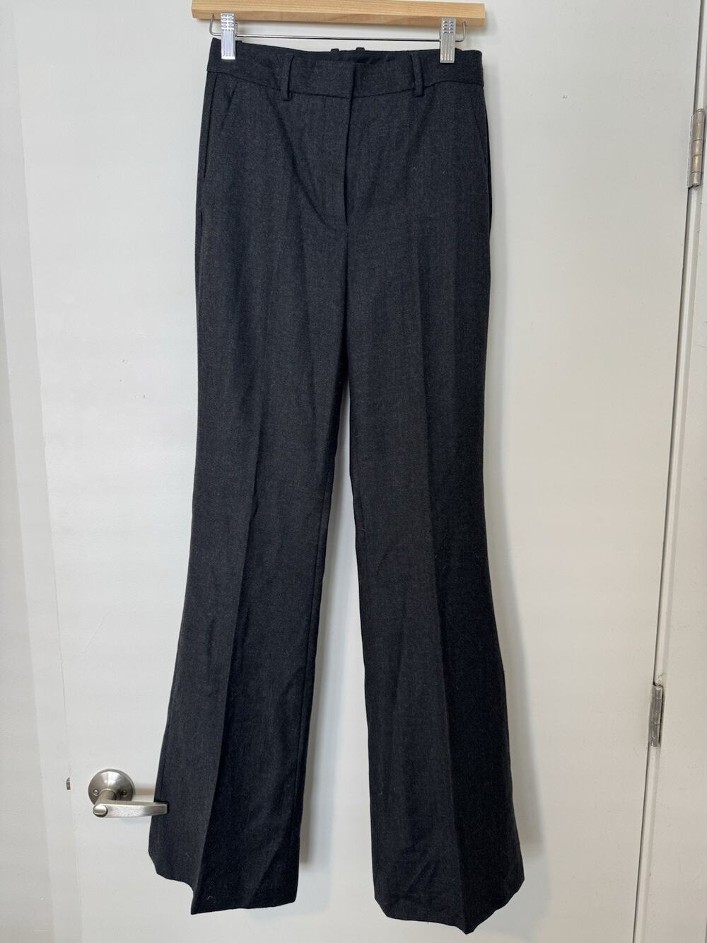 Theory Women's Dark Gray Wide-Leg High Rise Flannel Virgin Wool Dress Pants